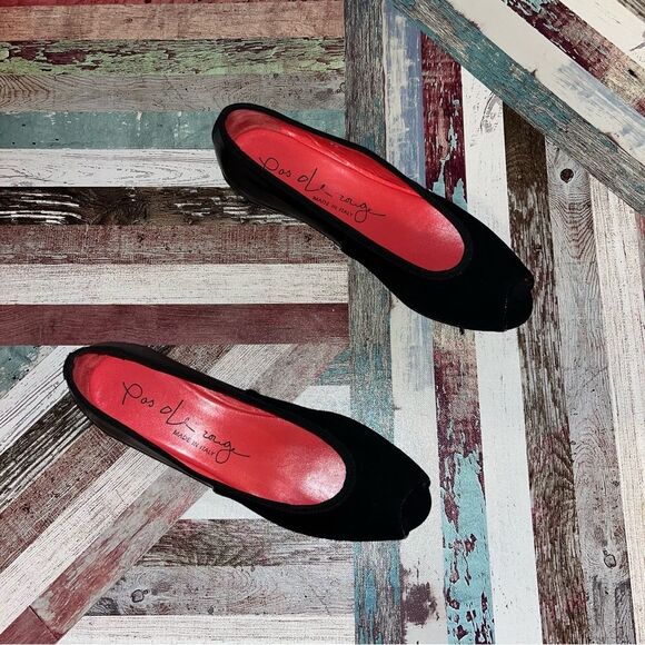 Pas De Rouge Peep Toe Suede Wedge Heel Shoes Black Made in Italy EUC SZE 8.5-9 - Picture 9 of 12